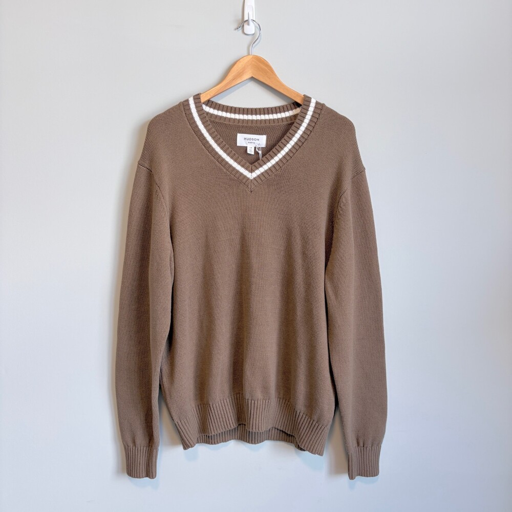 Hudson North V-Neck Sweater Cotton Preppy Old Money Brown Men's Size Large